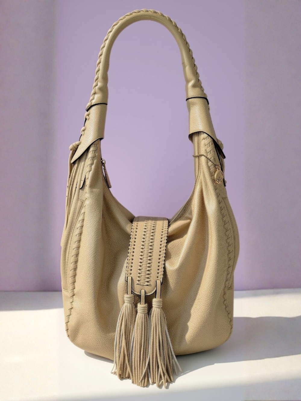 Big Buddha Beige Leather Tassel Hobo Shoulder Bag